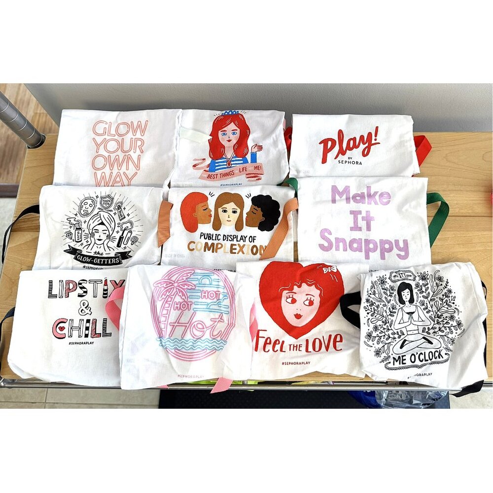 SEPHORA PLAY! Set of 10 Fabric Drawstring Travel Pouches Bags 7" x 9"